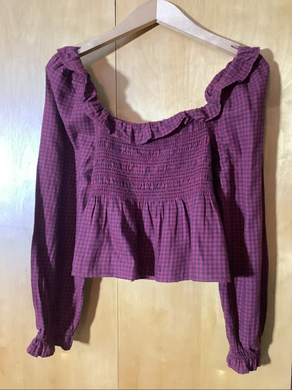 American Eagle red and black smocked crop top, size medium